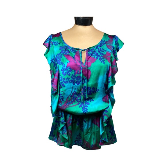 Express Womens Sleeveless Floral Ruffle Front Peplum Blouse With Elastic Waist - Picture 1 of 14